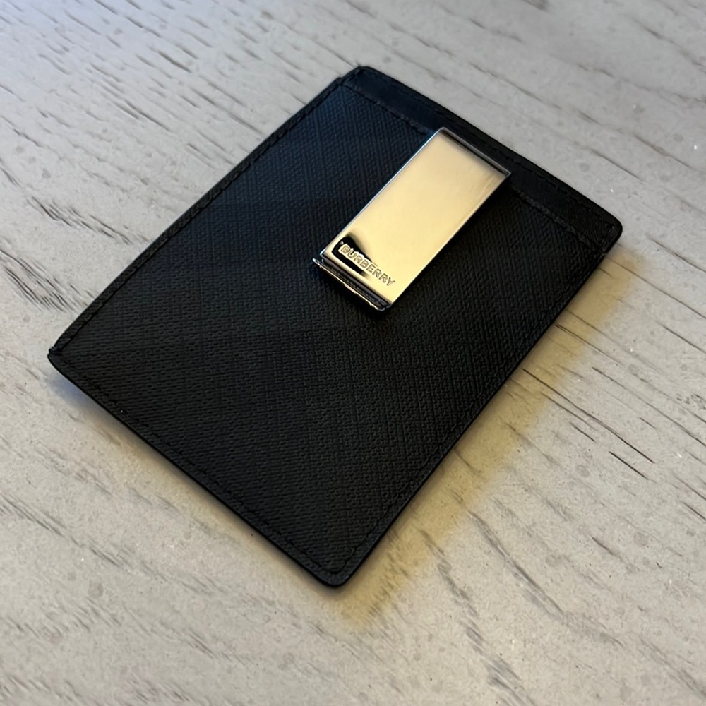 Burberry Charcoal Stripe and Leather Money Clip Card Case